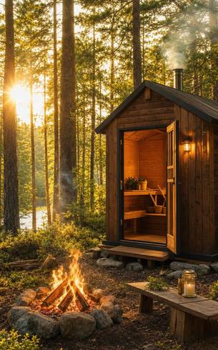 Camp sauna in a pine forest at sunset