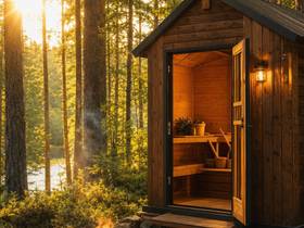 Camp sauna in a pine forest at sunset