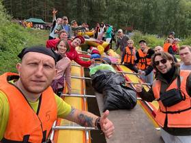 Group on rafts before a river trip