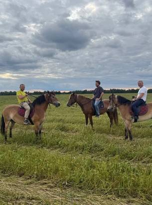 Riders in a field under a cloudy sky