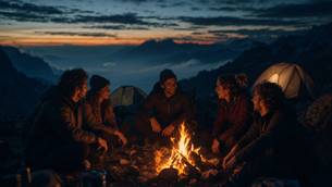 Hikers around a campfire in Karelia at night